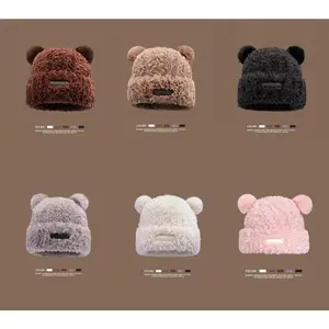 Cute Fuzzy Bear Ears Beanie Hat for Women Furry Beanie with Pom Pom Winter Warm Knitted Hat Bear Costume Accessories(Sheets)