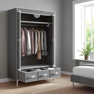 Portable Space Saver Wardrobe (Gray, 67×35.4×17.7in) - Rolling Door, Hanging Rack, Non-Woven Fabric Clothes Storage, 3 Drawer Boxes, Tool-Free Setup