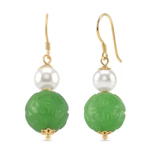 Green Jade Carved and Freshwater Pearl 20.00 ctw Beaded Earrings in 14K Yellow Gold Over Sterling Silver