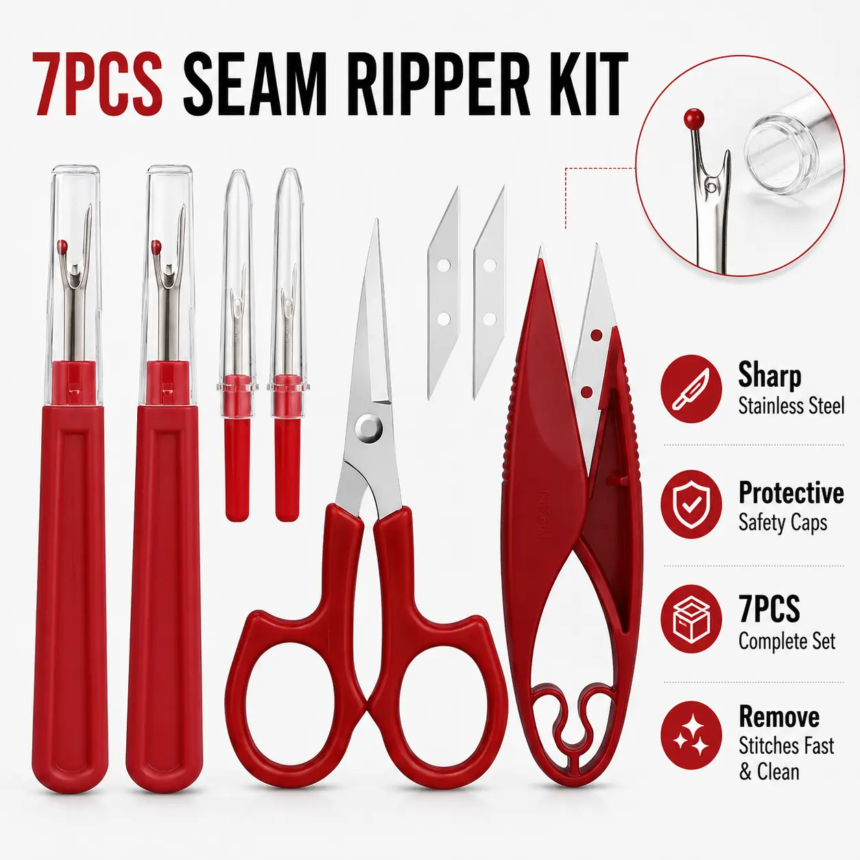 7-Piece Seam Ripper Set with Handle - Sewing Products, Precision Tools, Thread Cutter, Scissors, Protective Covers - Fabric Repair, Fix Ripped Clothes in Seconds Tool for DIY Craft, Daily Repairs