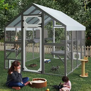 70.87"H Large Walk In Wooden Catio Outdoor Enclosure, Weatherproof UV Waterproof Oxford Roof, Multi Rest Platforms, Hiding Box & Suspension Bridge, Window & Tunnel Connectable, 2-Box Expandable Secure Cat Cage for Multiple Cats