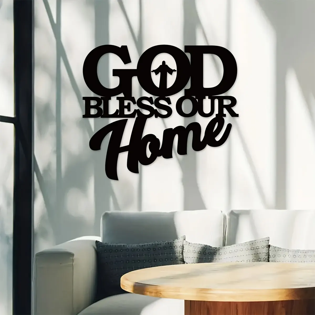 God bless our home metal wall decoration - elegant cursive font with the "God bless our home" logo, black and white wrought iron religious home decoration, with easy to install hardware, housewarming gift, Stylish religious decor