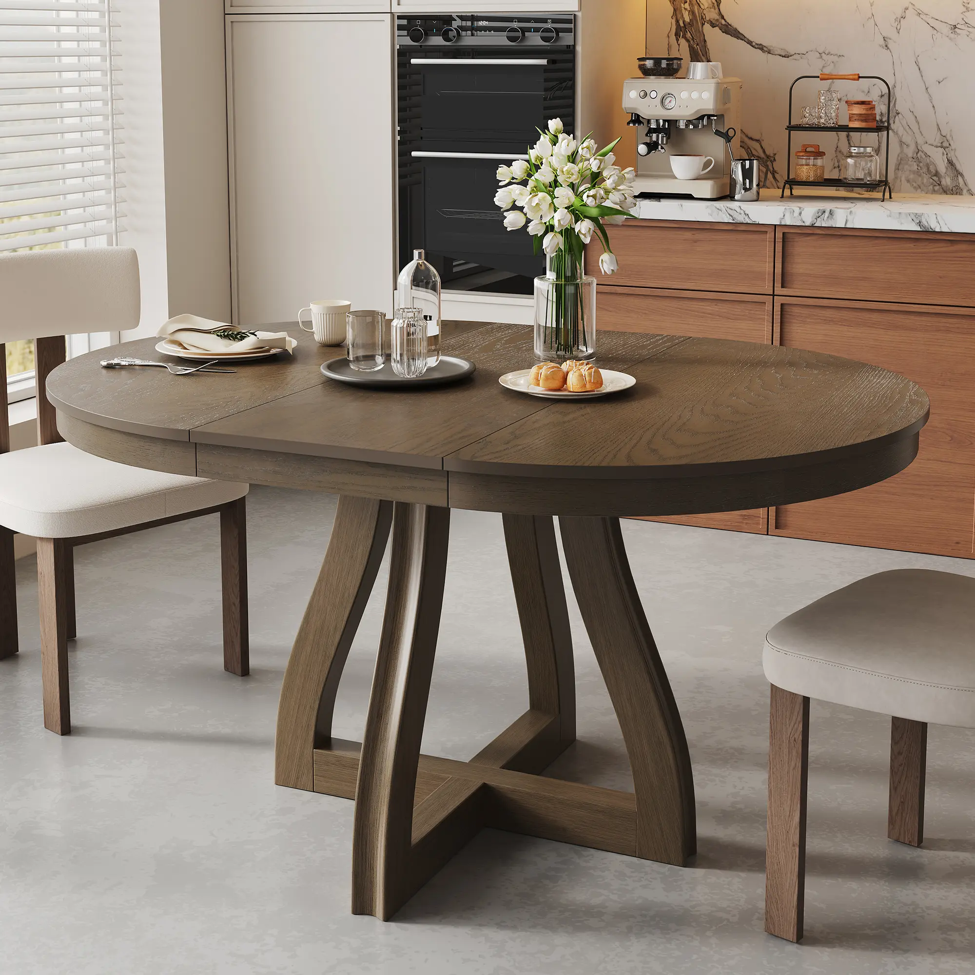 Rustic Extendable Round Dining Table (Espresso/Natural Wood Wash) - 4-6 Seater with 16-in Middle Insert, Curved Legs for Kitchen, Living Room