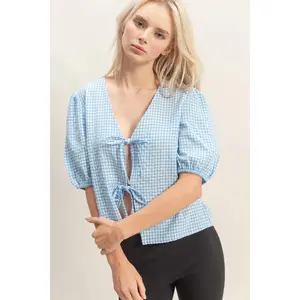 HF Gingham Bow Tie Puff Sleeve Blouse