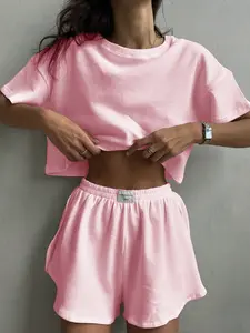 2pcs Women Solid Color Casual Short Sleeve Split Wide Leg Shorts Set Summer Loungewear For Home Use