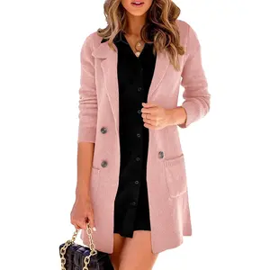 FMEYOA Women Open Front Lapel Collar Cardigan Button Down Long Sweaters Cardigan Solid Outerwear Coats M1H505