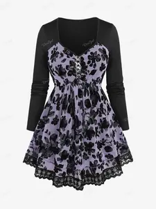 Rosegal Plus Size Long Sleeves Top,Floral Flocking Mesh Trim Chain Ruched Layered Long Sleeves Top,Fluffy Contrast Binding Panel Swiss Dot Textured Long Sleeves Top,Women's Top,Pullover Top for women zendayadress outfit goth cowgirl outfits
