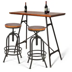 Industrial Style 3-Piece Bar Table and Stool Set - 45.3" Rustic Wood Counter Table with Backless Iron Frame Stools, Modern Kitchen Breakfast Nook Furniture for Home, Cafe, or Pub