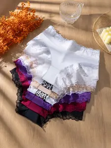 New French Lace Patchwork Women's Thongs, Romantic Leopard Print Sexy Underwear, Comfortable Breathable Daily Wear, 7 Pcs Set