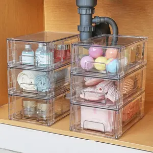 Stackable Storage Drawers with Handles, Transparent Acrylic Organizer Box, Easy Assembly for Fridge Bathroom Kitchen Cabinet Bed Underneath