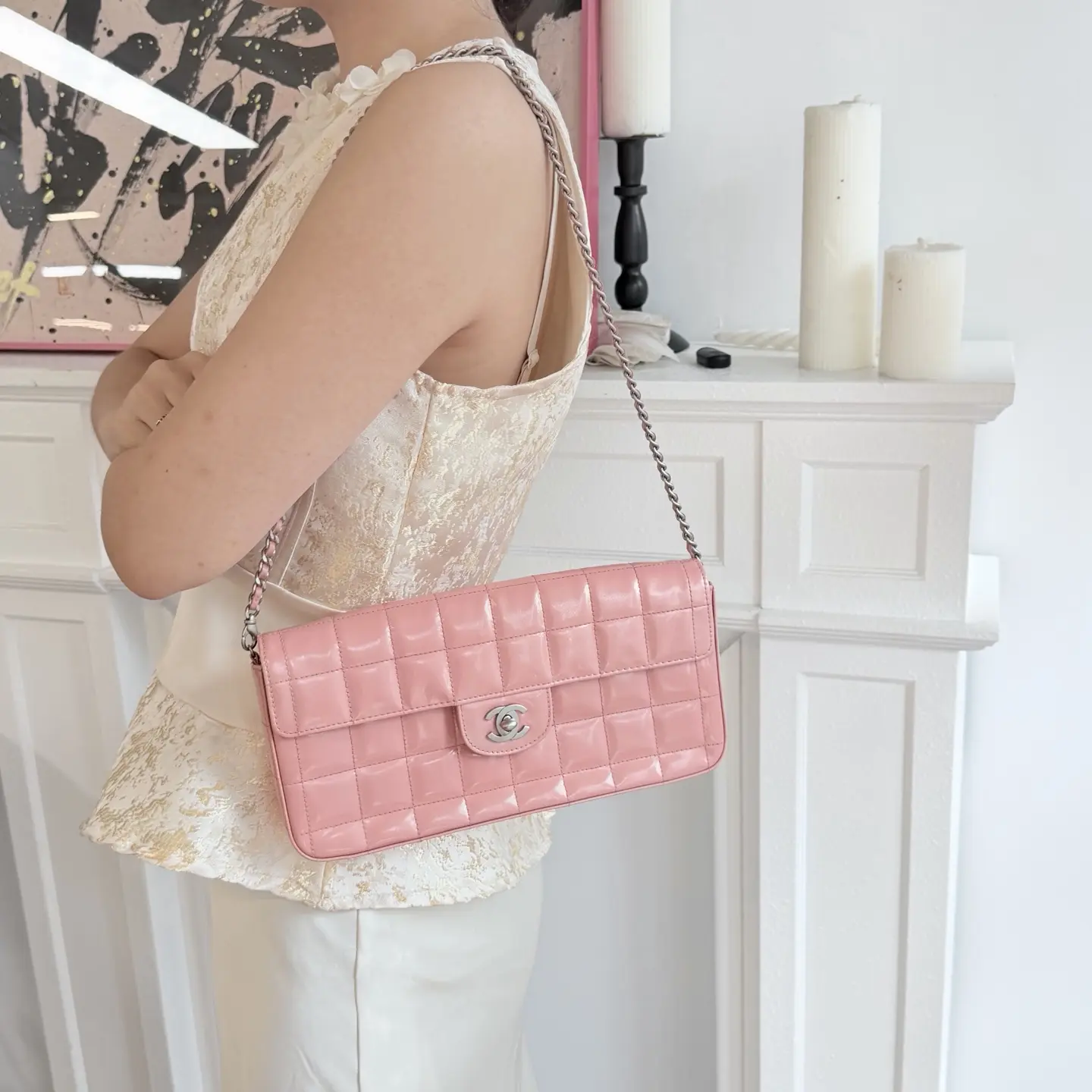 Pre-owned CHANEL Vintage Long Classic Flap+Patent Leather+Pink+Luxury Bag | 18577