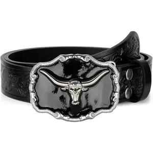 Western Leather Belt for Men Black Cowboy Buckle Belt for Jeans Vintage Country Belt