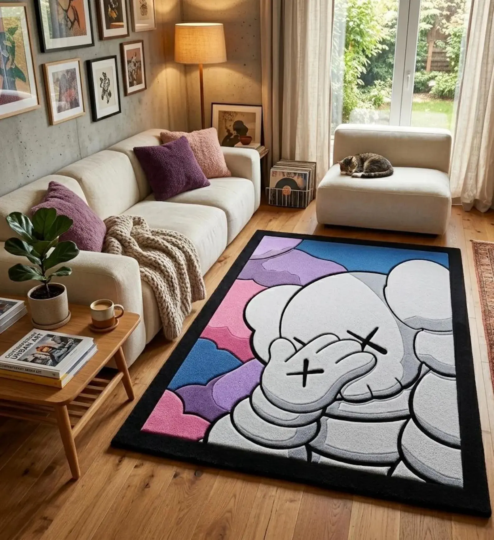 KAWS-Inspired Abstract Purple Area Rug, Luxury Hypebeast Home Decor Black Carpet