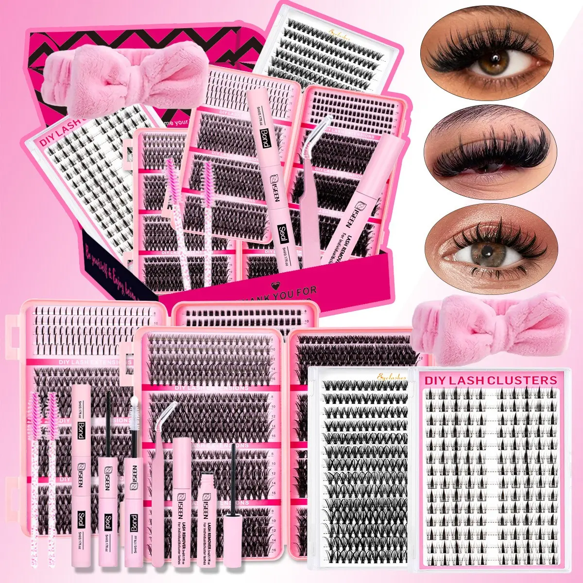 2000pcs D-Curl Lash Clusters Kit, Diy Eyelashes Kit, Eyelash Extensions Set, 10 Styles Mixed 8-16mm Spikes/Natural/Volume Lashes Eyelash Extensions with Bond and Seal, Lash Remover, Lash Brush, Applicator and Hair band, Easy DIY at Home