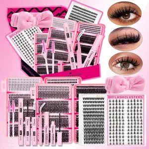 2000pcs D-Curl Lash Clusters Kit, Diy Eyelashes Kit, 10 Styles Mixed 8-16mm Spikes/Natural/Volume Lashes Eyelash Extensions with Bond and Seal, Lash Remover, Lash Brush, Applicator and Hair band, Easy DIY at Home for Beginners, Makeup Tool Kit