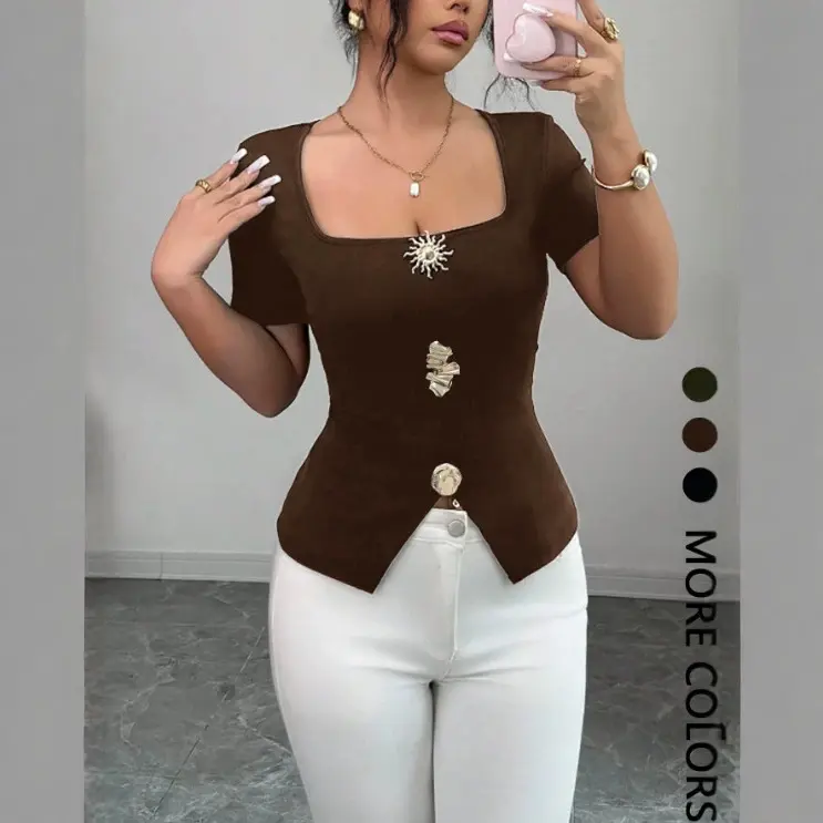 Women Square Neck Short Sleeve Top, Decorative Metal Button Fitted Split Hem Slim Waist Corset Style Blouse