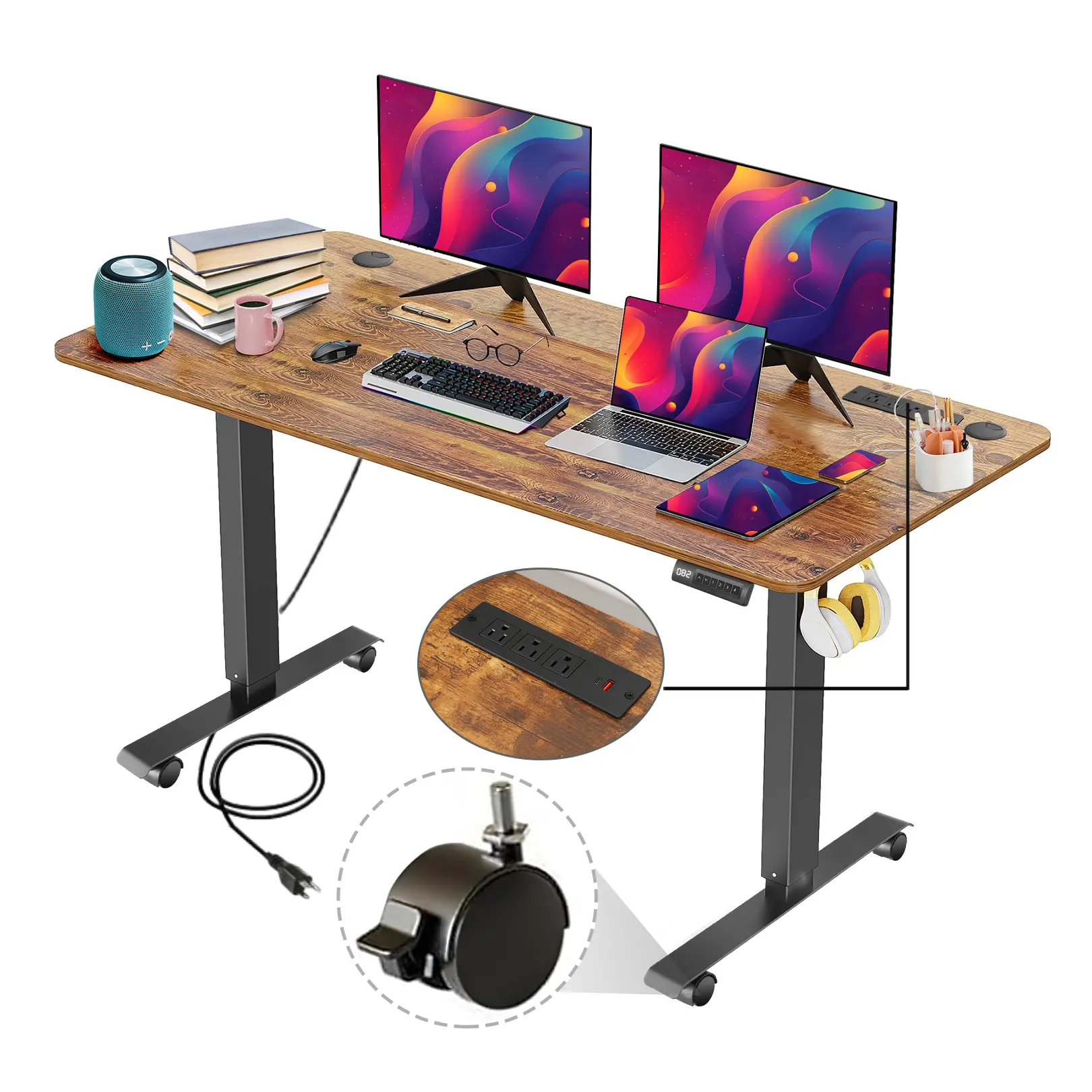 Electric Standing Desk Lifting Computer Table, 48/55/63 Inch, Height Adjustable 27"-45" Sit-Stand Desk for Home Office, with USB Ports, 3 AC Outlets, Memory Preset & Wheels