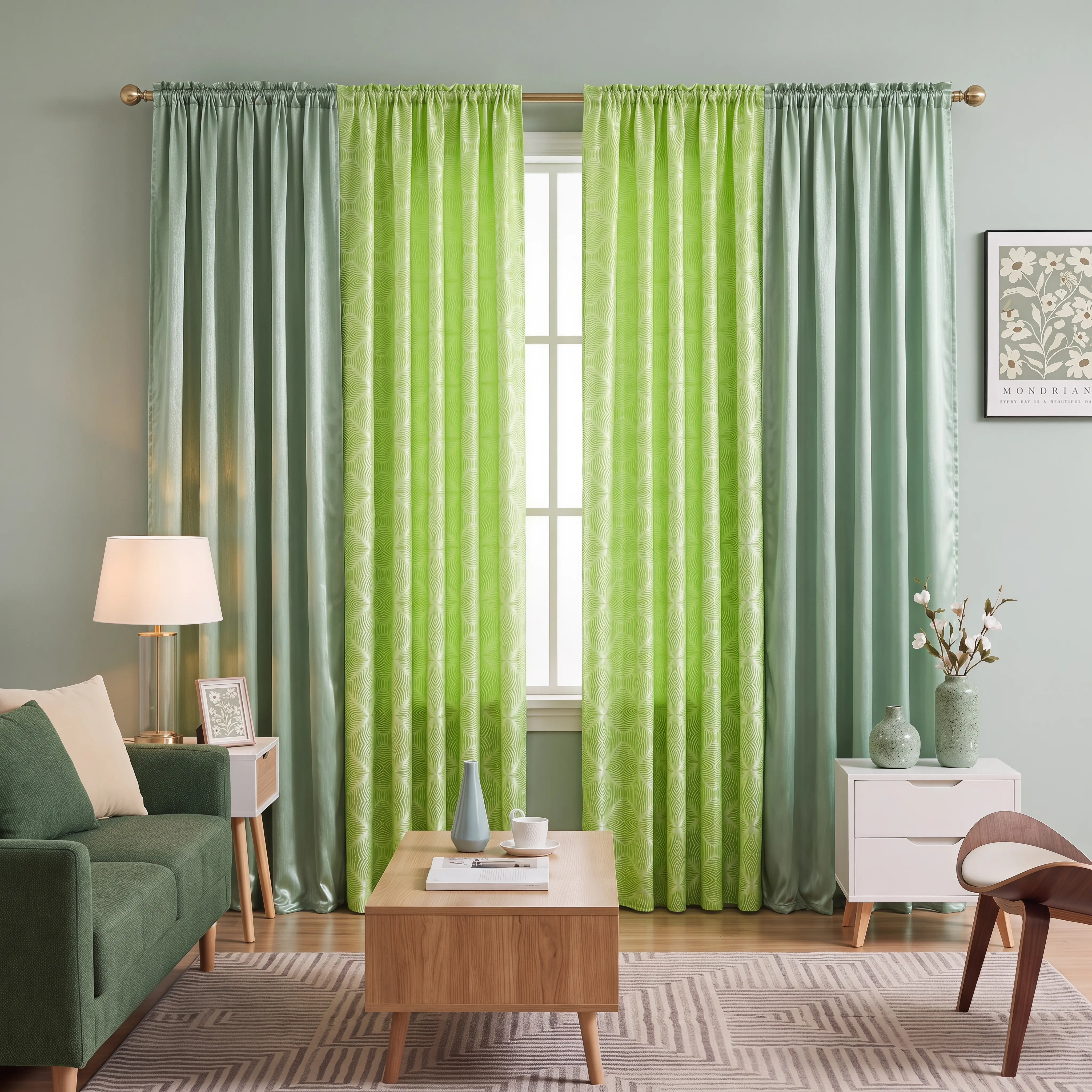 4 Panles 52"x90"  Curtain Combo,  Crinkled Satin Rod Pocket Semi Sheer + Heavy Metallic Geometric Jacquard Blackout Drapes, Wrinkle-Free Light Filtering Voile & Thermal Noise Blocking Curtain Combo for Luxury Farmhouse Bedroom Living Room Decor DA01&DA02,