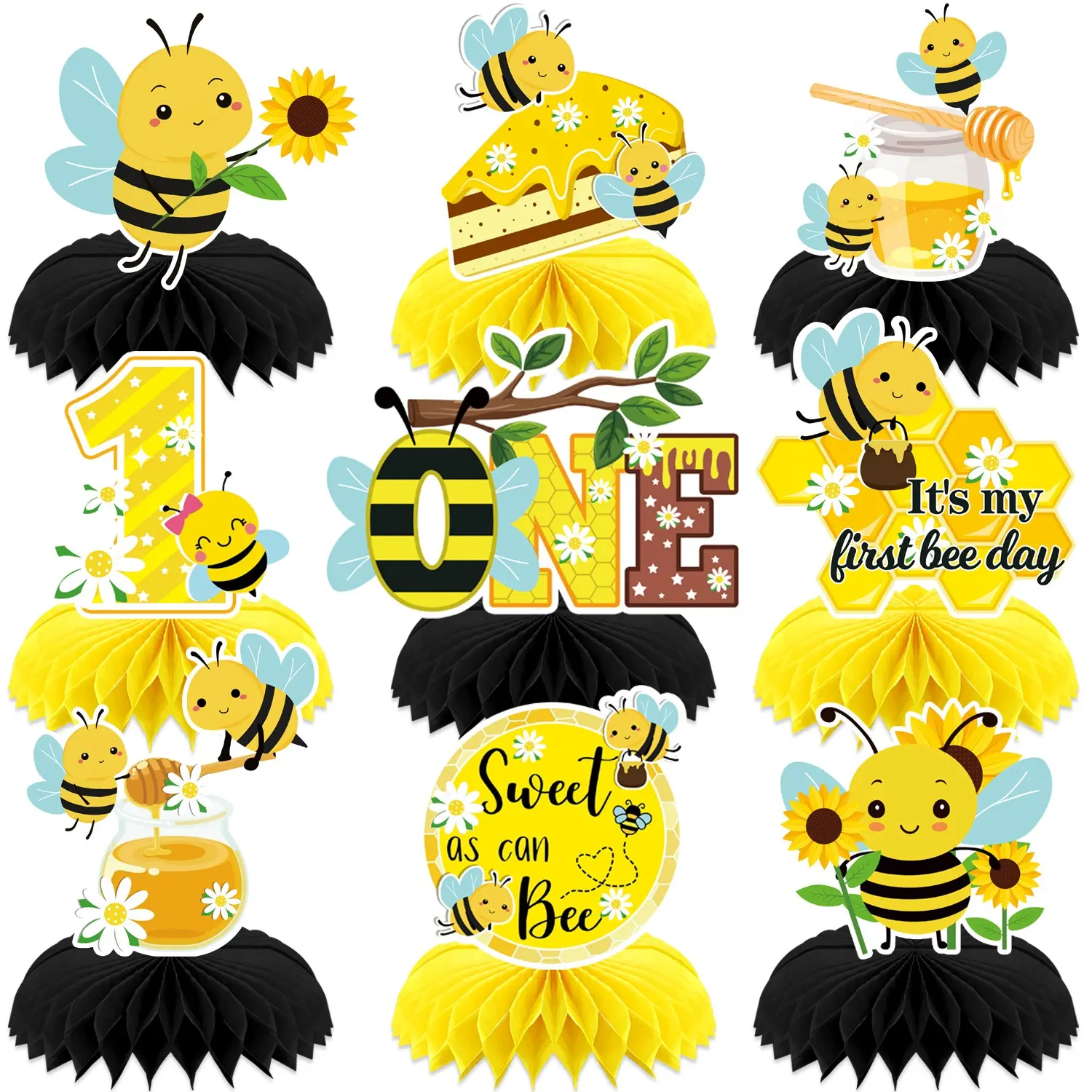 9Pcs Bee Themed 1st Birthday Party Decorations, Sweet as Can Bee Honeycomb Table Centerpieces, Happy Bee Day Table Decor for Baby Shower, One Year Old Birthday Toppers, Party Decoration Supplies, Party Pack