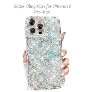 Glitter Bling Case for iPhone 16 Pro Max – Sparkly Rhinestone Diamond Cover with Camera Protector, Silver
