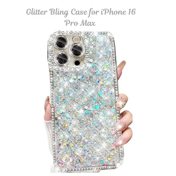 Glitter Bling Case for iPhone 16 Pro Max – Sparkly Rhinestone Diamond Cover with Camera Protector, Silver
