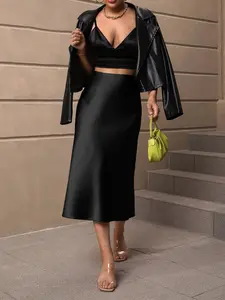 Elegant High Waist Satin Midi Skirt, Elastic Casual Versatile A-Line Skirt for Women, Fashionable Mid-Length Skirt, High Waisted Skirt