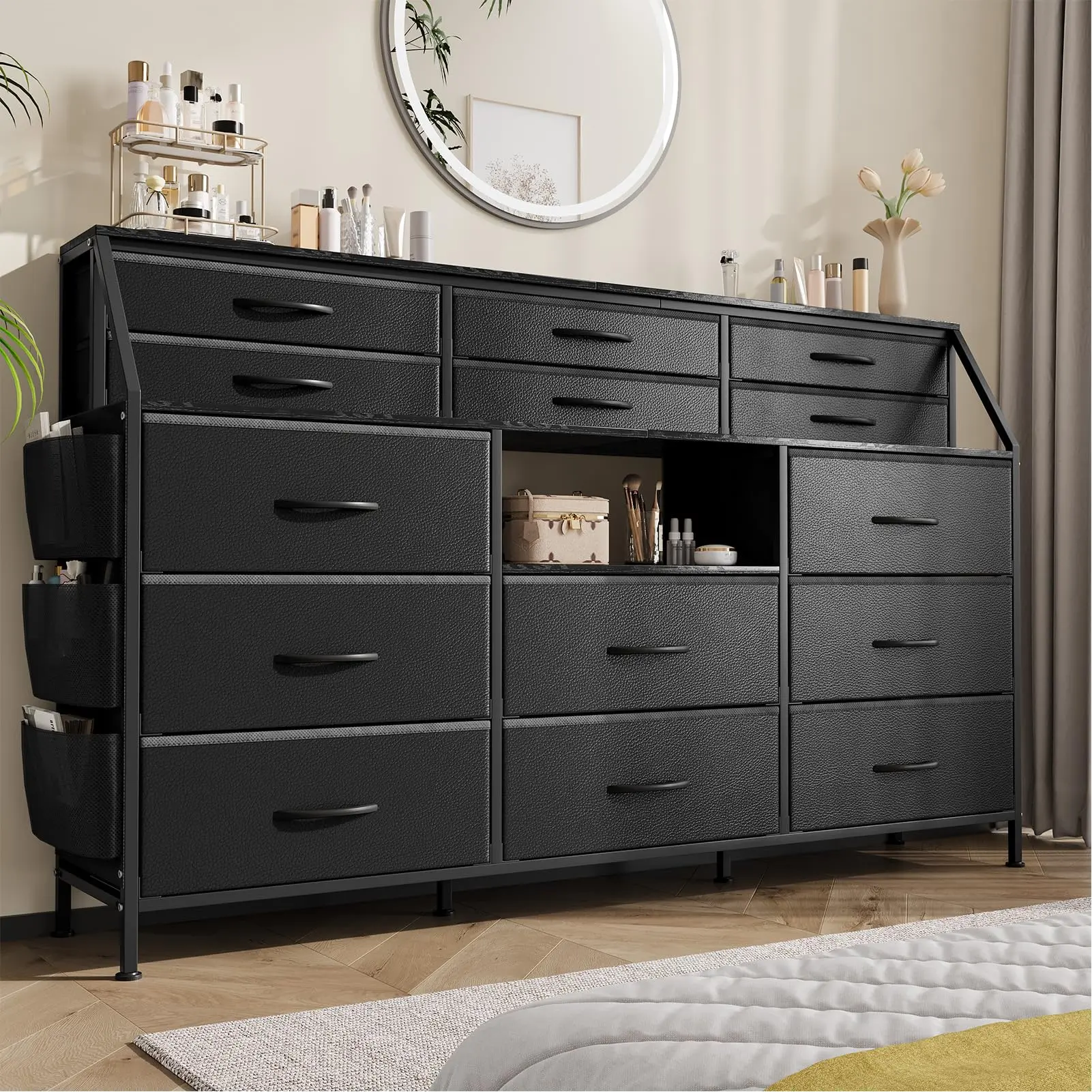 Dresser for Bedroom with 14 Drawers, 55 in W Dresser with Side Pocket, Fabric Dressers & Chests of Drawers with Shelves, Sturdy Frame, Wood Top,Black
