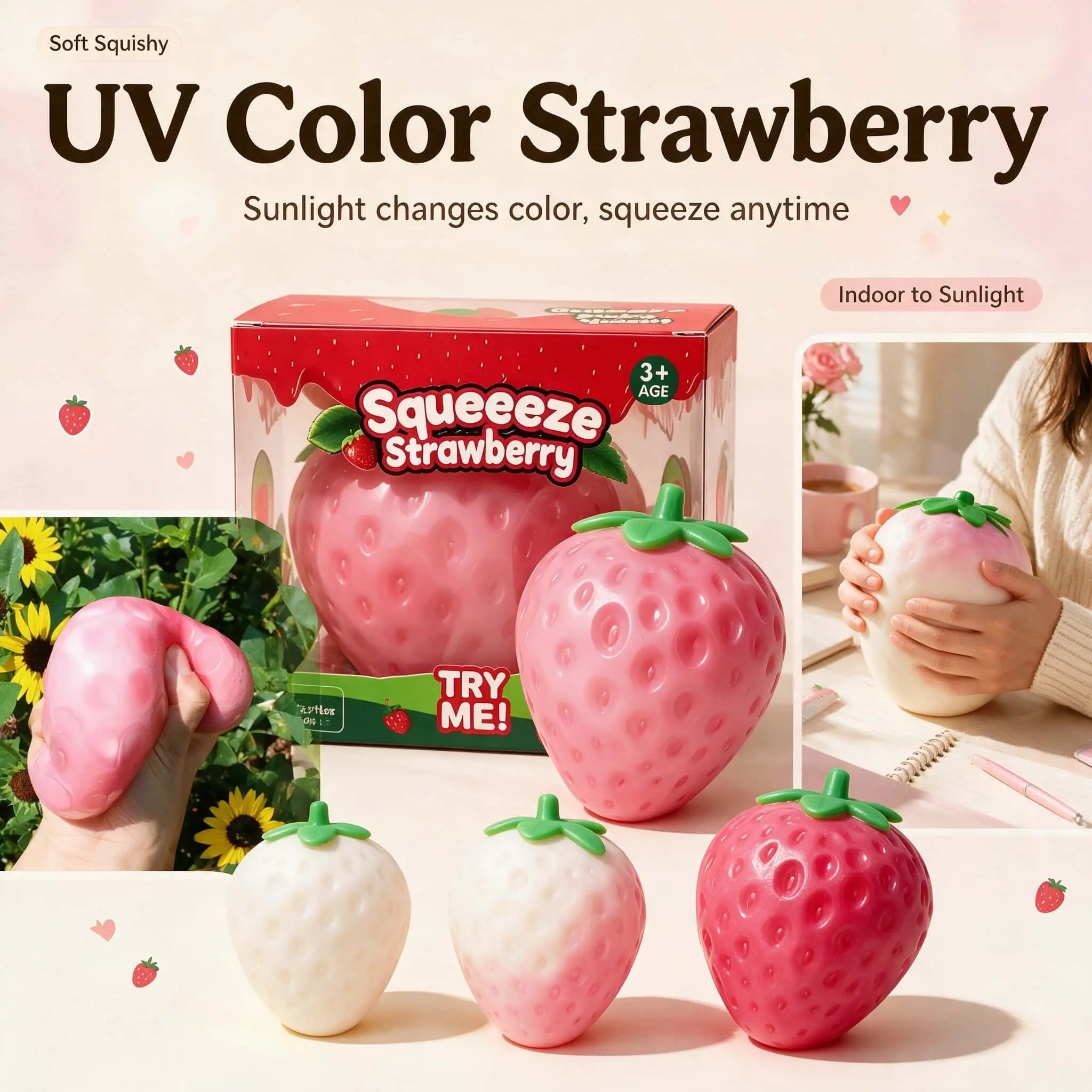 Cute Large Color-Changing Strawberry Squeeze Fidget Toy, Ultra-Soft Fruit Model Stress Relief Decorative Item, Perfect for Relaxation-MM