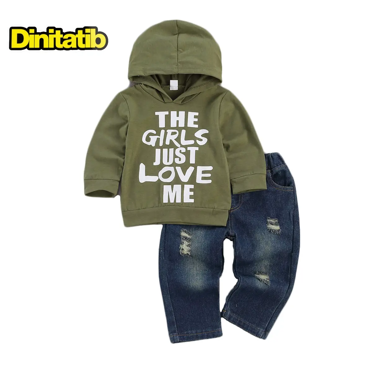 Baby Boy Clothes Set, Letter Print Hooded Sweater+Elastic Waist Hole Design Jeans Newborn Outfits