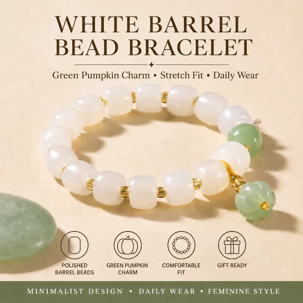 Women's Polished White 10mm Barrel Bead Stretch Charm Bracelet with Green Pumpkin Charm, Gold-Tone Spacers, Exquisite Bracelet for Daily Wear Arm Candy Accessories Costume Jewelry Gift, Charm Bracelets