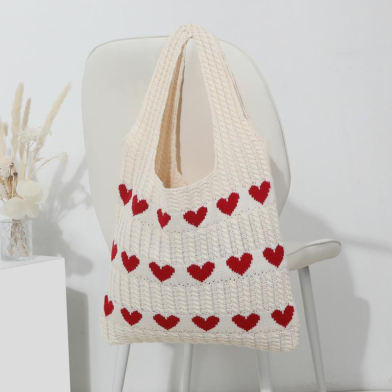 Fashionable Women's Handbags, Love Heart Pattern Crochet Shoulder Bags, Soft Knitted Handbags with Sweet Weaving Details, Daily Casual Accessories, Perfect for Dating, Shopping and Traveling