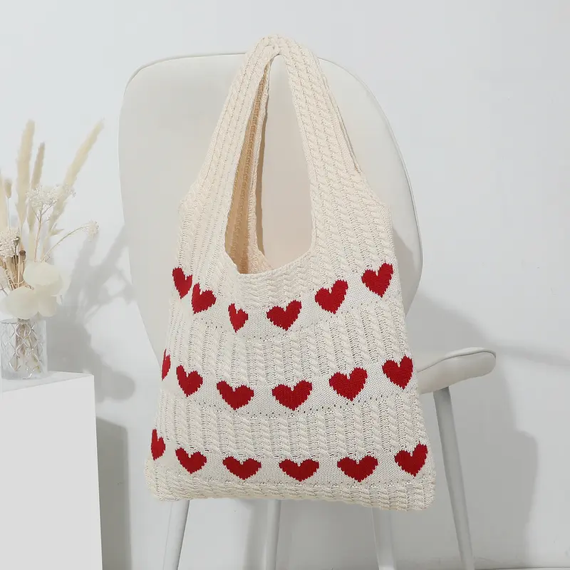Fashionable Women's Handbags, Love Heart Pattern Crochet Shoulder Bags, Soft Knitted Handbags with Sweet Weaving Details, Daily Casual Accessories, Perfect for Dating, Shopping and Traveling