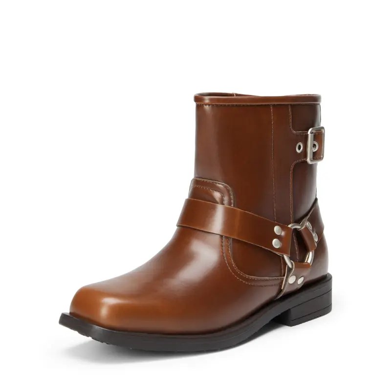 DREAM PAIRS 12-13 Years Girls' Retro Punk Buckle Riding Boots - Distressed, Low Chunky Heel, Shorter and Wider Shafts, Round Toe Casual Outings Fashion Footwear