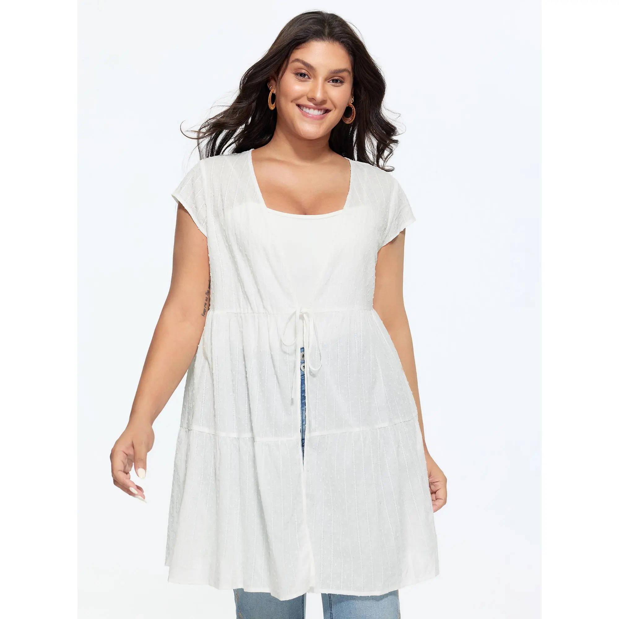 BLOOMCHIC Women's Plus Size 100% Cotton Sleeveless Knit Sheer Layered Lace-Up Fit Tie Closure Swimsuit Cover-Up, 14-16/1X to M-6X, 2026 Summer Crisp Polished Look, Breathable Beach Top, Hand Wash, Swimsuit Coverups