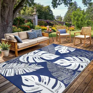 【GARVEE】Outdoor Reversible Plastic Straw Rugs with Tropical Palm Leaves Pattern, Waterproof, Available in Multiple Sizes (8x10, 9x12), Ideal for Patio, Deck, RV, Beach, Camp, Balcony, and Backyard Use