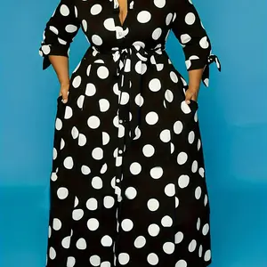 Plus Size Polka Dot Print Belted Button Front Shirt Dress, Elegant 3/4 Sleeve Tie Front High Waist Long Dress for Vacation Holiday Party, Women's Clothes for Summer