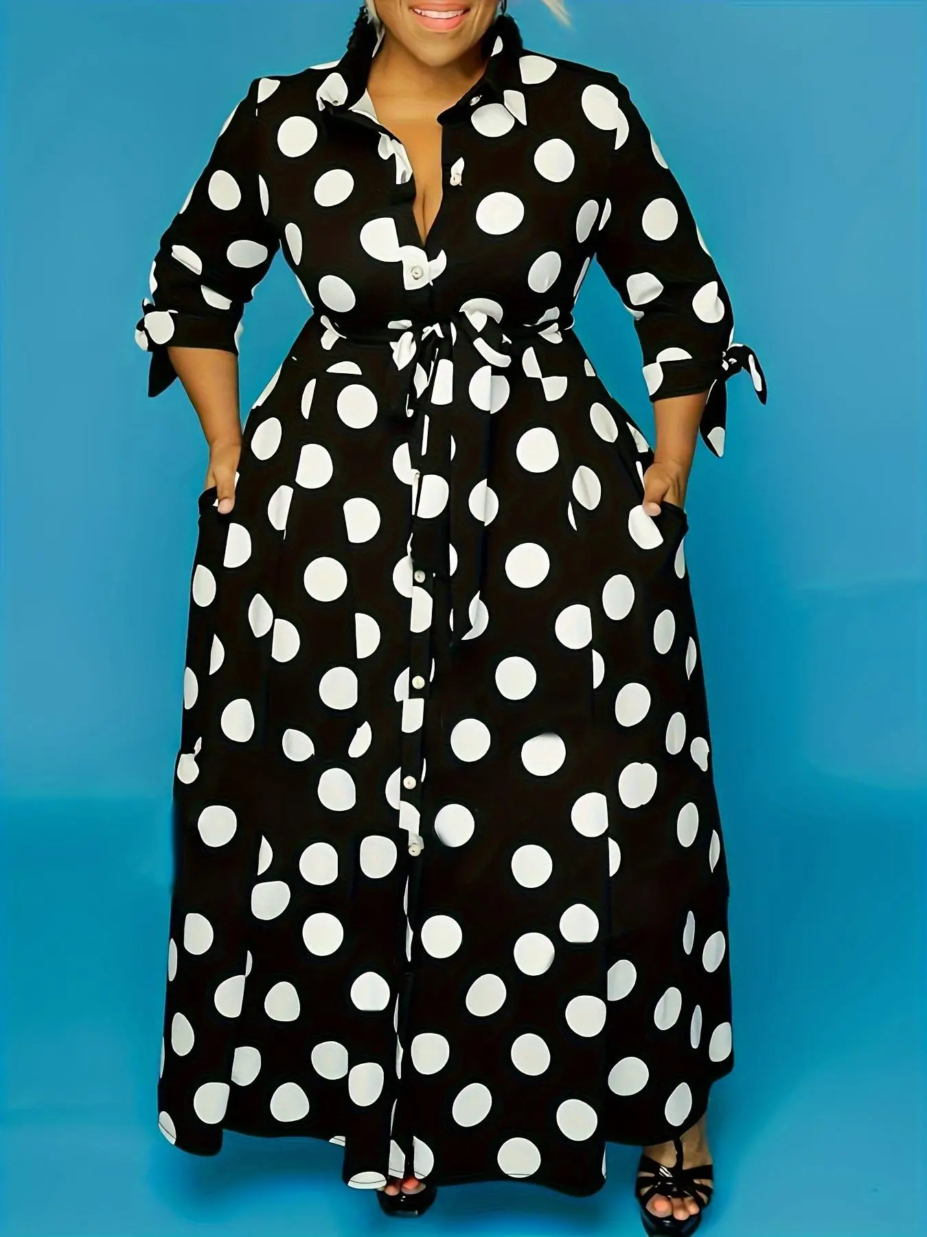 Plus Size Polka Dot Print Belted Button Front Shirt Dress, Elegant 3/4 Sleeve Tie Front High Waist Long Dress for Vacation Holiday Party, Women's Clot