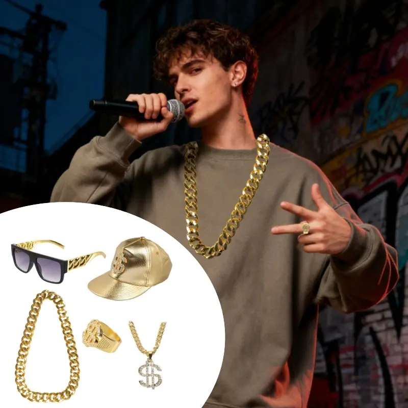 Classic Retro 5-Piece 80s-90s Hip-Hop Fashion Costume Set - Lightweight, Smooth, Adjustable Size, Accessories Include Hat, Sunglasses, 37in Golden Fake Necklace, Ring - Suitable for Proms, Halloween, Dollar Signs Eligible