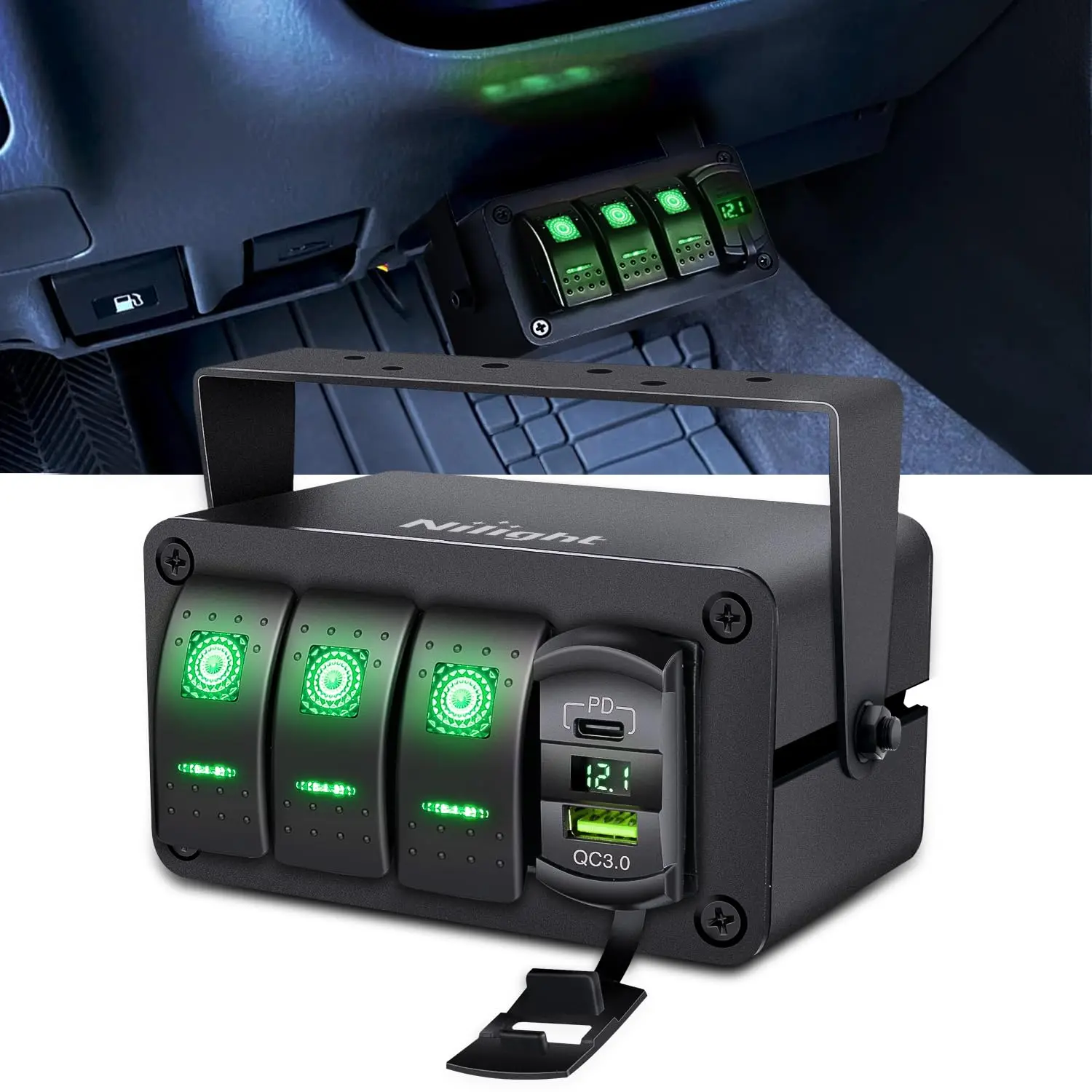 Nilight Aluminum Detachable Switch Box - 3-Gang 12V SPST ON-Off Toggle Switches, Pre-Wired Wiring Harness, PD Type-C, QC3.0 USB Charger, Voltmeter, LED Light, Waterproof ABS Bracket Panel with DIY Stickers, Impact & Heat Resistant for Boat, Car