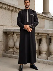 Islamic Muslim Arabic Traditional Robe Clothing, Ramadan Festival Sacrifice Day Traditional Holiday Clothes, Classic Men's Geometric Embroidered Robe, Modesty Thobe, Authentic Saudi Thobe