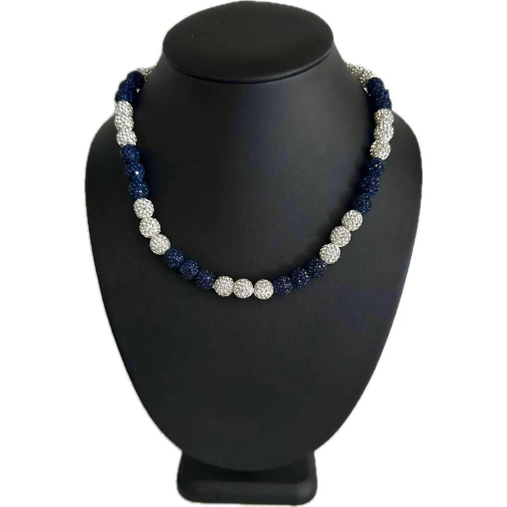 Iced Bling Disco Ball Rhinestone Crystal Bead Baseball Necklace Navy Blue, White