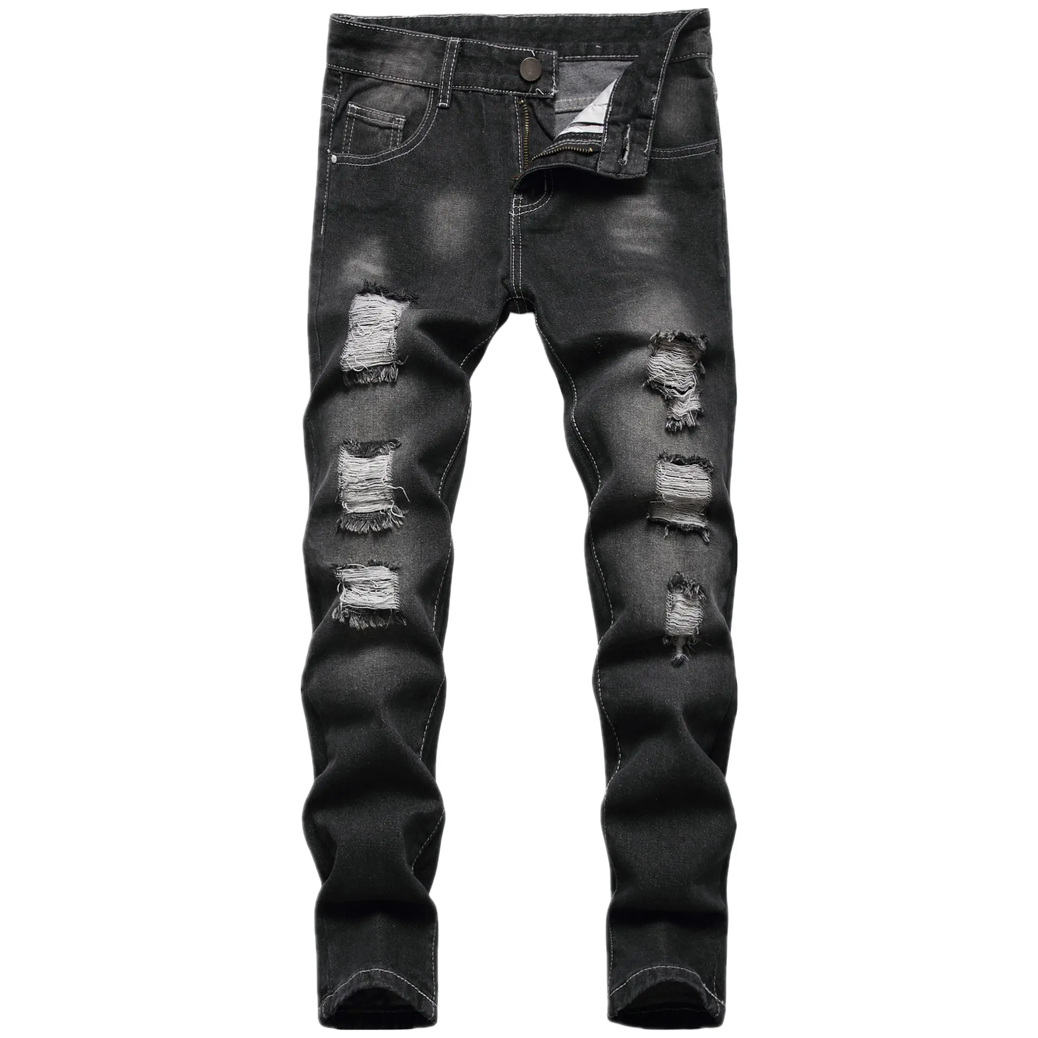 ​​Solid Color Distressed Boy's Skinny Jeans - Fashion Ripped Destroyed Washed Denim Pants​​