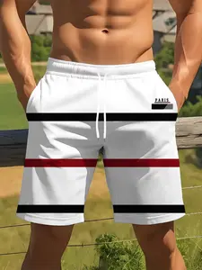 Men's Striped Print Shorts Simple Style Suitable for Home Use, Casual Fitted H-Type Drawstring Waist, Geometric Pattern Short Pants