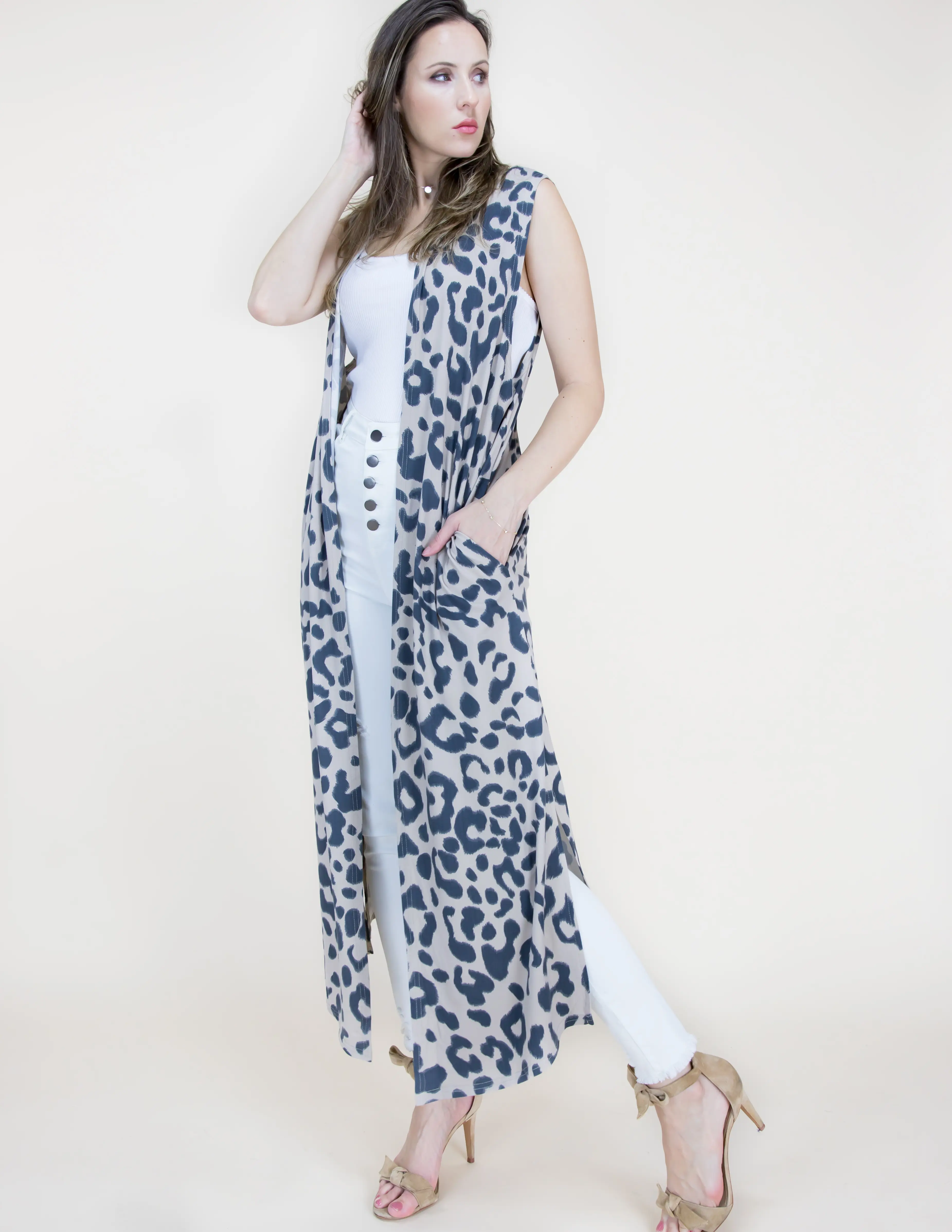 Leopard Print Long Vest – Stylish, Flowy Animal Print Ensemble for Casual, Evening, and Layered Fashion Looks - One Size Fit Most Womenswear Tops