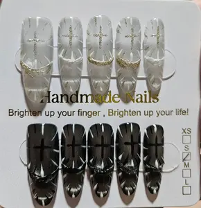Handmade Nails Set - Clear/White & Black Base with Gold/Silver Glitter Accents - 10 Piece Nail Set for Stylish Manicure