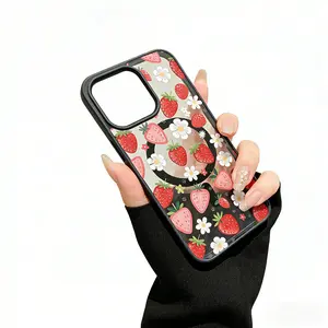 Strawberry Daisy Pattern Magnetic Phone Case Supports Wireless Charging for iPhone 17 15 16 14 Pro Max 13 12 11 XR XS Air Plus E Shockproof Non Slip Protection Silicone Transparent Acrylic Cover Cellphone Protective
