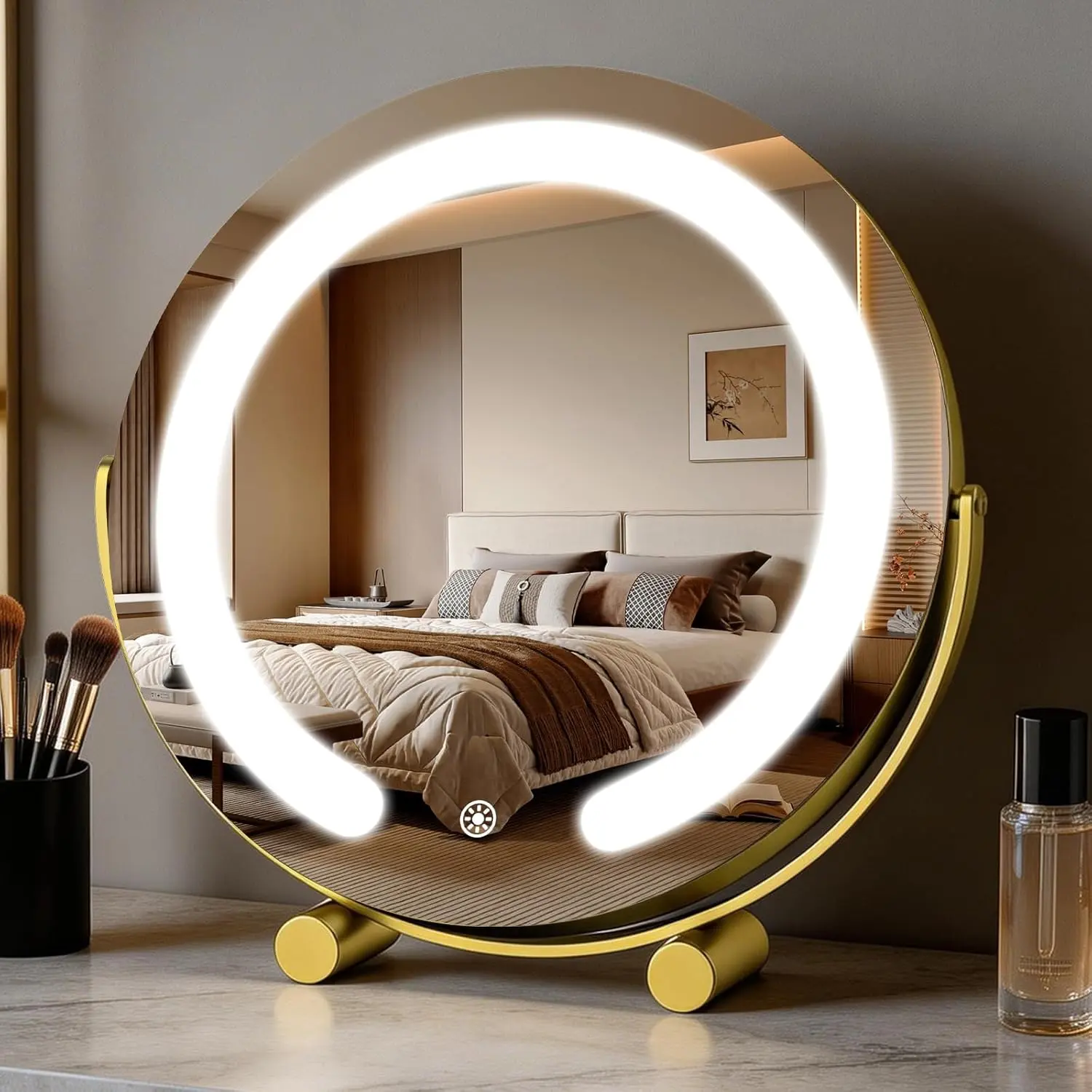 Bearolve Gold Lighted Makeup Mirror 12 Inch with LED Display, Smart Touch Dimmable Vanity for Dresser, 360° Rotatable Frame, Bedroom Decor