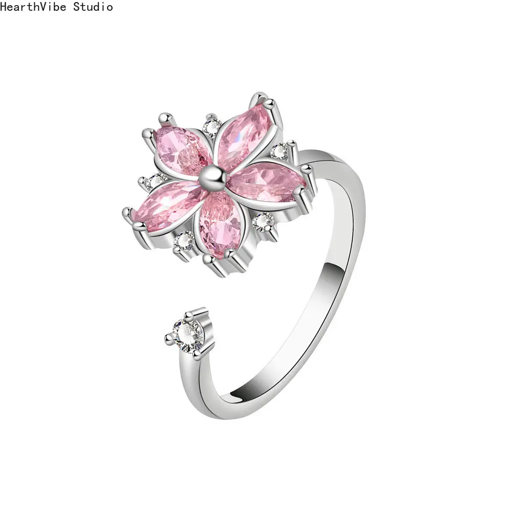 Sports & Outdoor Accessories: Women's Elegant Blush Pink Floral Zircon-Embellished Artificial Gemstone Ring, Teen Girl Gifts, Cluster Rings, Finger Ring