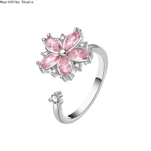 Jewelry: Romantic Floral Zircon Ring — Light Luxury, Niche Design Pink Flower Ring