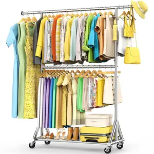 FYBEE 100% Stainless Steel Heavy Duty Clothes Rack Load 860LBS Adjustable Height Double Rods Rolling Garment Rack with Sturdy Wheels & Shelves Portable Closet Wardrobe Organizer